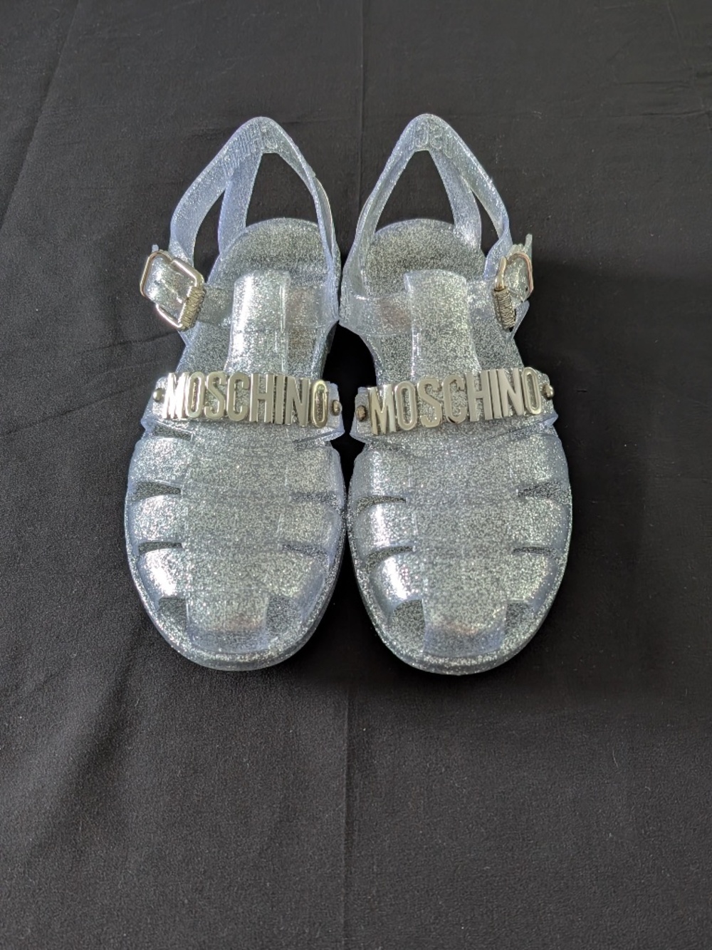 MOSCHINO Couture Silver Glitter Jelly Sandals Logo Caged Fisherman Flats EU 41